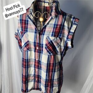 Levi's Sleeveless Cut Off Cuffed  Red White Blue Plaid Button Up Shirt Size S